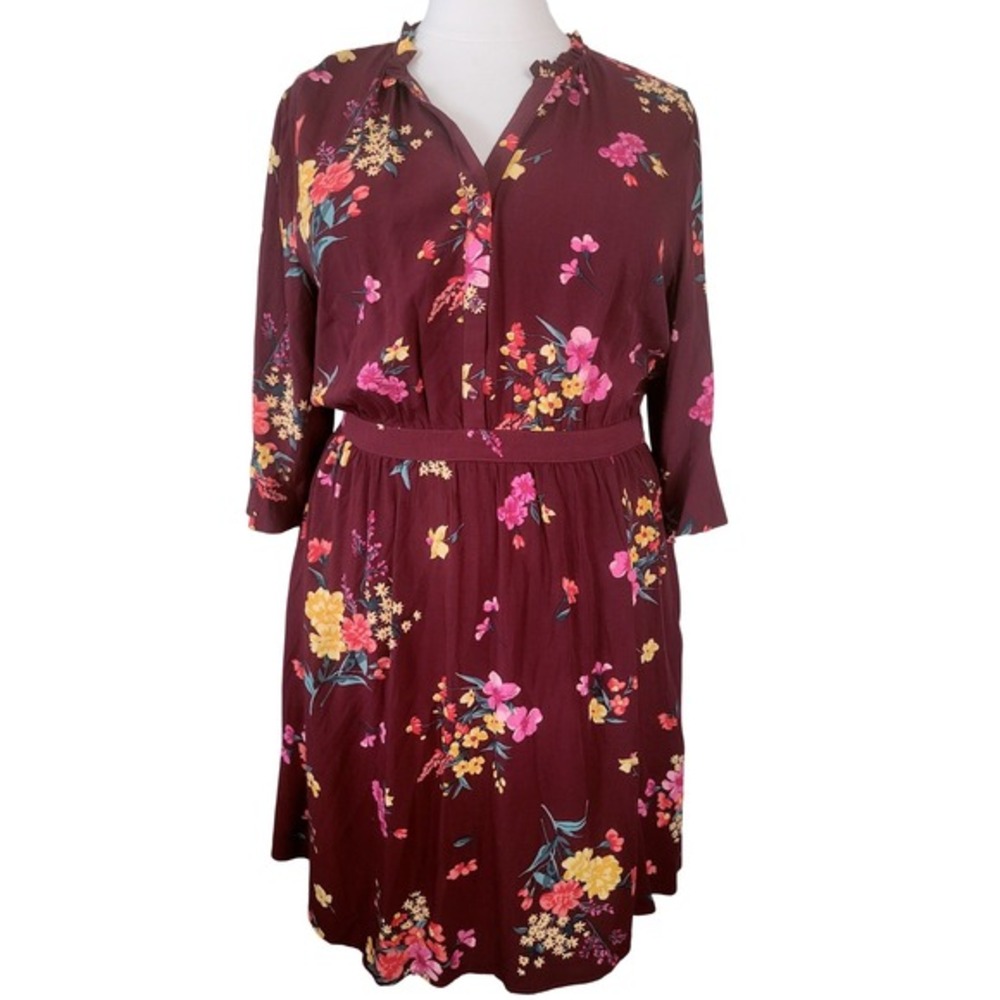 Old Navy Womens XXL Burgundy Floral Fit & Flare Dress Ruffle Neck 3/4 Sleeve